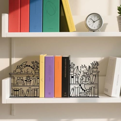 Metal Bookends Dragon Book Ends for Shelves | Dragon Bookends Decorative Unique Desk Bookend Black Book Stopper for Home Reading Bookshelf Decor Book Lovers Gift - style: Dragon