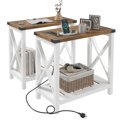Hadulcet Farmhouse End Tables Living Room Set of 2, Narrow Side Table with Charging Station, Slim Nightstand for Small Space, Skinny Bedside Table, Sofa Side Table with Storage Shelf, White & Brown - color: White & Warm Brown