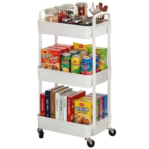 Sywhitta 3-Tier Plastic Rolling Utility Cart with Wheels for Storage,White | Multi-Functional Storage Trolley, for Office, Living Room, Kitchen, Bathroom,Movable Organizer,Space-Saving,Easy to assemble - color: White, size: 3-tier