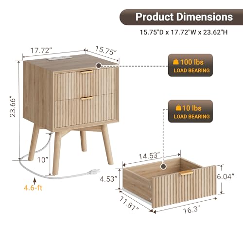 Fluted Nightstand Set of 2 with Charging & Beveled Edge, Natural | 18in Wide, FSC-Certified MDF, Solid Wood Legs, 2 Drawer, Metal Handle, Modern, Bedroom, Night Stand, Bedside Table, End Table - color: Natural Oak - Beveled Drawer, size: 18"W