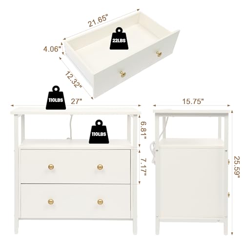 Edbuosy 27 inch Wide Night Stand with Charging Station, Bedside Table with Open Shelf, 2 Drawers Small Wood Dresser, Modern Wood Nightstand for Bedroom/Living Room, White - color: White, size: 27"W-2 Drawers