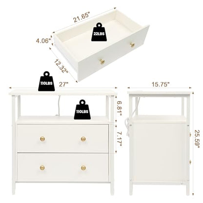 Edbuosy 27 inch Wide Night Stand with Charging Station, Bedside Table with Open Shelf, 2 Drawers Small Wood Dresser, Modern Wood Nightstand for Bedroom/Living Room, White - color: White, size: 27"W-2 Drawers