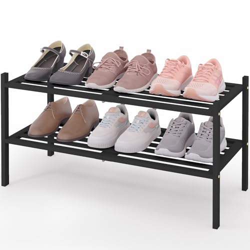 Smiry Bamboo Shoe Rack, 2 Tier Free Standing Wooden Shoe Organizer, Stackable Wood Shoe Storage Shelf for Closet, Entryway, 5 Horizontal Slats, 26.8"x11"x13", Black - color: Black, size: 2 Tier - 26.8" Wide