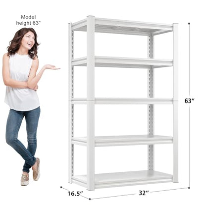 Raybee Storage Shelves, 2000LBS Garage Shelving,White Metal Shelves, 5 Tier Adjustable Heavy Duty Shelving for Pantry Kitchen Closet Basement Warehouse 16.5" D x 32" W x 63" H - size: 16.5"D x 32"W x 63"H,White