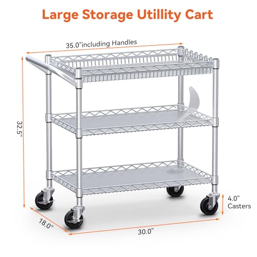 WDT 990Lbs Capacity Heavy Duty Rolling Utility Cart, NSF Rolling Carts with Wheels,Commercial Grade Metal Cart with Handle Bar & Shelf Liner,Trolley Serving Cart for Kitchen,Restaurant,Silver - color: Silver 3 Tier