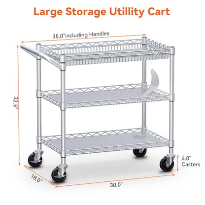 WDT 990Lbs Capacity Heavy Duty Rolling Utility Cart, NSF Rolling Carts with Wheels,Commercial Grade Metal Cart with Handle Bar & Shelf Liner,Trolley Serving Cart for Kitchen,Restaurant,Silver - color: Silver 3 Tier