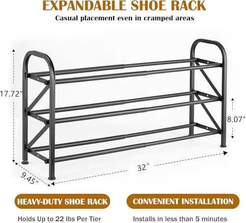 3-Tier Expandable Shoe Rack for Closet，Adjustable Shoe Rack，Black Metal Free Standing Shoe Rack for Entryway Closet Doorway - color: 3 Layers and 2 Tubes
