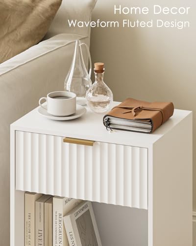 Masupu White Nightstand, Fluted Night Stand, Wood Bedside Table with Storage Drawer, Modern Side End Table for Bedroom, White - color: Flutted-white