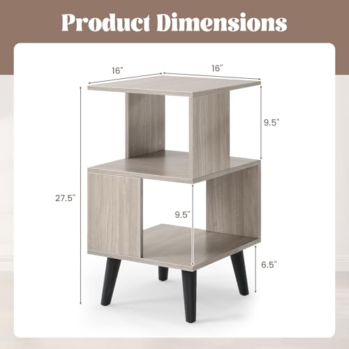 GOFLAME 3-Tier End Table Set of 2, Wood Sofa Side Table with Open Storage Shelves, Plastic Legs, Geometric Bedside Table, Modern Nightstand for Living Room, Bedroom, Small Spaces, Gray
