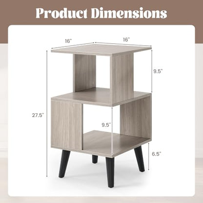 GOFLAME 3-Tier End Table Set of 2, Wood Sofa Side Table with Open Storage Shelves, Plastic Legs, Geometric Bedside Table, Modern Nightstand for Living Room, Bedroom, Small Spaces, Gray