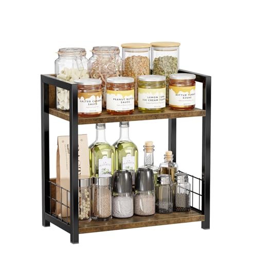 Simple Trending Countertop Shelf Organizer, 2 Tier Kitchen Spice Rack, Coffee Bar Station Storage, for Kitchen Cabinet Bathroom Living Room, Brown, M