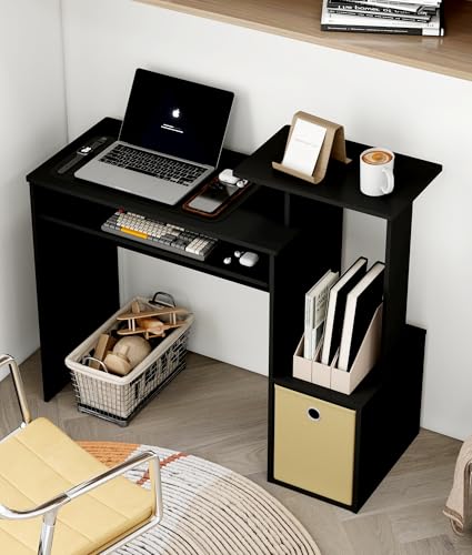 Small Computer Writing Desk with Drawers, Home Office Desk with Storage Shelves for Home Office Bedroom, Black/Brown - color: Black/Brown