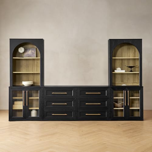 mopio Blake 4 Piece Entertainment Center with Storage, Modern Farmhouse Modular Storage Cabinet Dresser TV Stand for up to 65" TVs, Side Display Case (Black Oak, 4 Units + Hutch) - color: Black Oak, size: 4 Units + Hutch