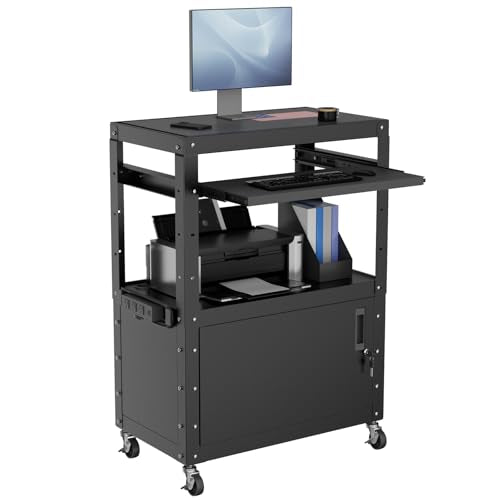 Mobile AV Cart, Adjustable Height Rolling Computer Cart with Pullout Keyboard Tray – Locking Cabinet, 3 Outlets & 2 USB Ports, Lock Brake Casters–Media Utility Cart on Wheels for Home/Office - size: Style 1 18"D x 24"W x 43.3"H
