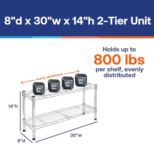 Shelving Inc. 8" d x 30" w Chrome Wire Shelving with 2 Tier Shelves, Weight Capacity 800lbs Per Shelf - size: 8" d x 30" w x 14" h