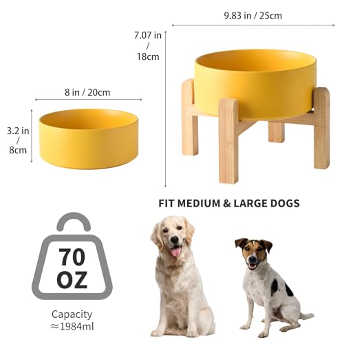 8'' Ceramic Raised Dog Bowl - 70Oz Dog Food & Water Bowl with Elevated Non-Slip Bamboo Stand, Dishwasher & Microwave Safe, Anti Vomiting Heavy Duty Pet Bowl for Medium and Large Dogs, Yellow - color: 1 x Bowl + Stand - Yellow, size: 8 inch