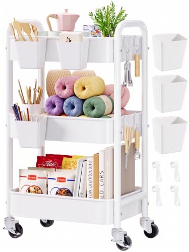3 Tier Rolling Cart Metal with Wheels, White Three Tiered Craft Cart Organizer on Wheels, Storage Utility Carts for Art, Baby Nursery,Diaper Caddy, Cleaning Supplies, Nail,Lash,Snack,Book,Roller Shelf - color: Light White, size: 3 Tier + Cups + Hooks