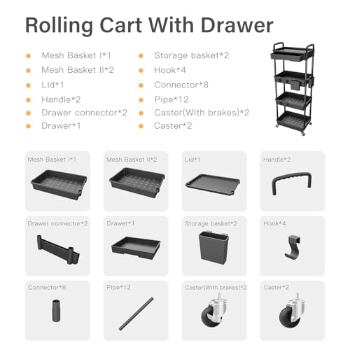 4 Tier Rolling Utility Cart with Drawer,REBECAT Utility Cart Made of Multifunctional Storage Organizer Tool for Kitchen,Bathroom,Living Room,Office(Black) - color: Black