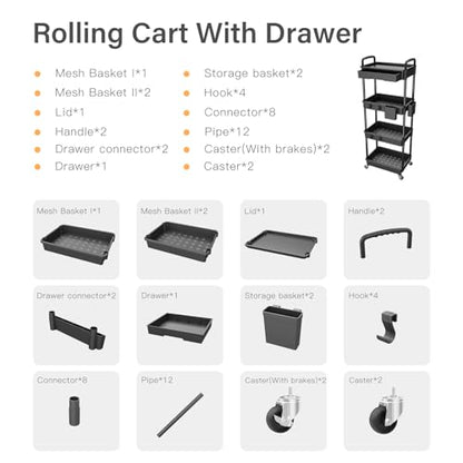 4 Tier Rolling Utility Cart with Drawer,REBECAT Utility Cart Made of Multifunctional Storage Organizer Tool for Kitchen,Bathroom,Living Room,Office(Black) - color: Black