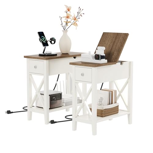 ChooChoo Farmhouse End Table with Drawer and Charging Station, Set of 2 | Narrow Side Table with USB Ports and Outlets, Nightstand with Drawer, Bedside Tables for Living Room and Bedroom, Soft White - color: Soft White, size: 2 Pack, style: With Power