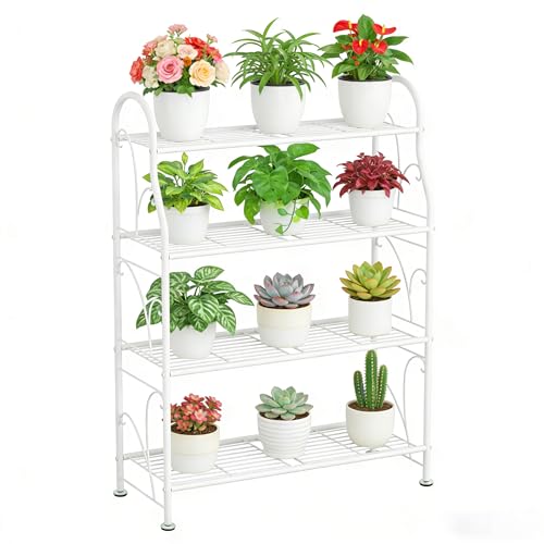 SORCEDAS Plant Stand Indoor Outdoor Plant Shelf 4 Tier Metal Corner Flower Stand Multiple Holder for Patio Garden Balcony Living Room, White - size: 4 Tier-White