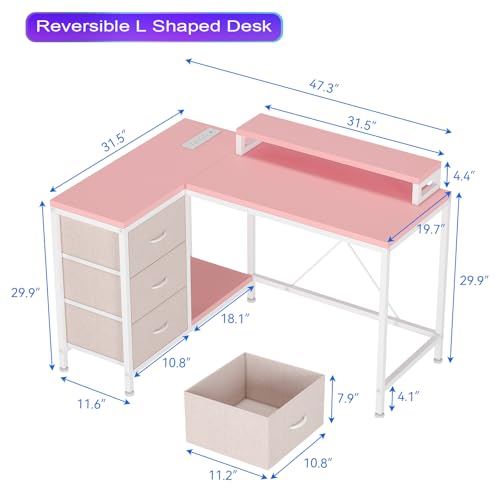 Patikuin L Shaped Desk with Power Outlets & LED Lights, Computer Desk with Drawers & Shelves, Corner Desk Gaming Desk Home Office Desk,Pink - color: Pink