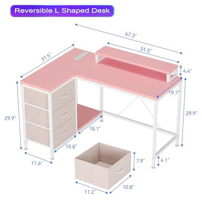 Patikuin L Shaped Desk with Power Outlets & LED Lights, Computer Desk with Drawers & Shelves, Corner Desk Gaming Desk Home Office Desk,Pink - color: Pink