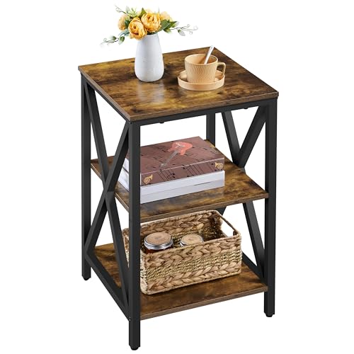 Yaheetech Rustic Brown Industrial End Table, 3-Tier X-Frame for Living Room | Wood-Grain Particle Board on Metal X-Frame, Top Holds 22 lb, 2 Open Storage Shelves for Baskets, 16-Inch Sofa-Side Fit - color: Rustic Brown