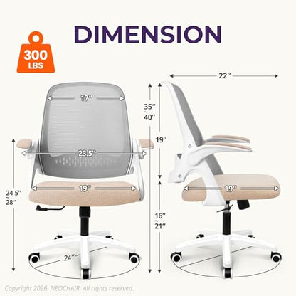 NEO CHAIR Office Desk Gaming Ergonomic Computer Chair with Lumbar Back Support Adjustable Height Swivel Rolling Wheels Flip-up Arms Mesh Chair for Home Vanity (Beige) - color: Beige