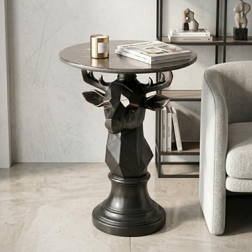 Modern Deer Head Sculpture Side Table, Round Metal End Table with Geometric Animal Base, Industrial Accent Table for Living Room, Bedroom, Office, Dark Bronze Finish - color: Deer - Black Geometric