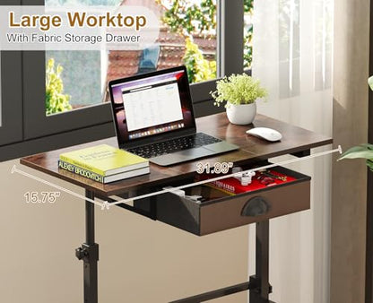 Adjustable Height Standing Desk With Drawer, Rolling Sit Stand Up Desk With Wheels, Small Sit To Stand Computer Desk, Adjustable Desktop Height, On Wheels, Brown, For Walking Pad Laptop Treadmill - color: Brown, size: With Drawer