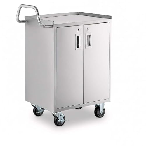 16" x 24" Stainless Steel Utility Cart with Enclosed Base and Locking Doors - 3 Shelf Heavy-Duty 18-Gauge 304 Steel Rolling Cabinet - NSF Commercial Service Cart for Kitchen, Catering, Restaurant - size: 3 Shelf
