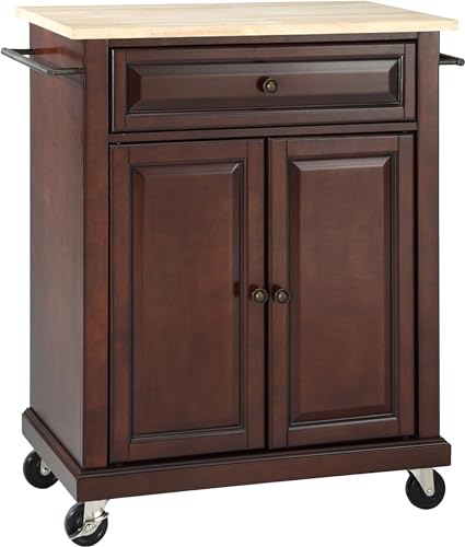 Crosley Furniture Compact Wood Top Small Rolling Cart with Shelves, Microwave Stand with Towel Rack, Mahogany - color: Mahogany, style: Natural Wood Top
