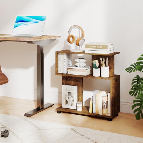 GOFLAME 3-Tier Geometric Bookcase, S-Shaped Bookshelf with 2 Open Back Compartments, Modern Display Rack, Narrow Compact Side End Table Nightstand for Living Room, Home Office (1,Rustic Brown) - color: Rustic Brown