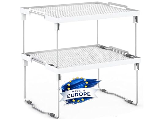 ums Kitchen Shelves Cabinet Organizer, Stackable Freezer Rack, Cupboard Box Organizer, Shelf Riser, Usable Storage Rack for Spice, Fridge Shelf Riser, (12x11 inch), Pack of 2