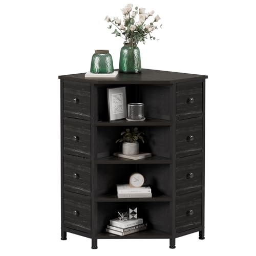 LUMTOK 8 Drawers Corner Dresser with Fabric Drawers and Shelf for Bedroom | Black Corner dresser with wooden top&4 open shelves,Corner shelf with fabric drawers&Steel Frame for Living Room,Closet - color: Black Wood Veins