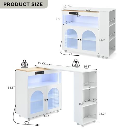 Rolling Kitchen Island with Extendable Swivel Table and Power Outlet, Kitchen Island on Wheels with Storage Cabinet, Fluted Glass Doors and Open Shelves for Small Spaces, White - color: White