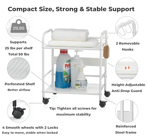 2-Tier Metal Rolling Cart, Compact Under Desk Storage Organizer | 12.2" clearance fits binders & tall bottles; anti-drop safety guard; small space mobile shelf for home, bedroom & office. - color: White