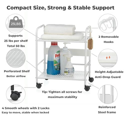2-Tier Metal Rolling Cart, Compact Under Desk Storage Organizer | 12.2" clearance fits binders & tall bottles; anti-drop safety guard; small space mobile shelf for home, bedroom & office. - color: White