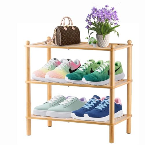 SHIISEWE Bamboo Shoe Rack for Closet, Stackable 3 Tier Longer White Shoe Rack, Free Standing Bamboo Shoe Shelf Storage 12-15 Pairs for Entryway Garage Small Space, Sturdy Shoe Organizer Shelf - color: White, size: 3 Tier