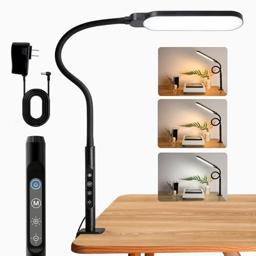 BQAN LED Desk Lamp with Clamp 15W Eye-Caring Clip on Light for Home Black | 5 Modes & 9 Brightness | Adjustable Gooseneck | Touch Dimmer | Clamp Desk Design | For Reading, Study, Nail Art, Work - color: Black