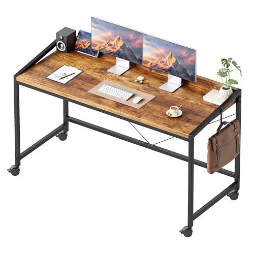 Mericonia 48 inch Rolling Computer Desk with Wheels, Gaming Desk for Small Spaces, Modern Simple Style Table for Home Office, Study Writing Table - color: Rustic Brown, size: 47"x19.7"