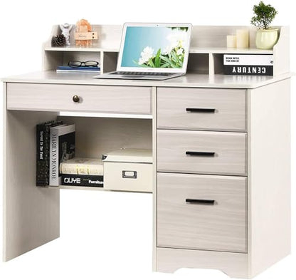 Computer Desk with Drawers and Hutch, Farmhouse Home Office Desk, Wood Student Desk with File Drawer for Bedroom, Writing Table for Small Space, Warm White - color: Warm White