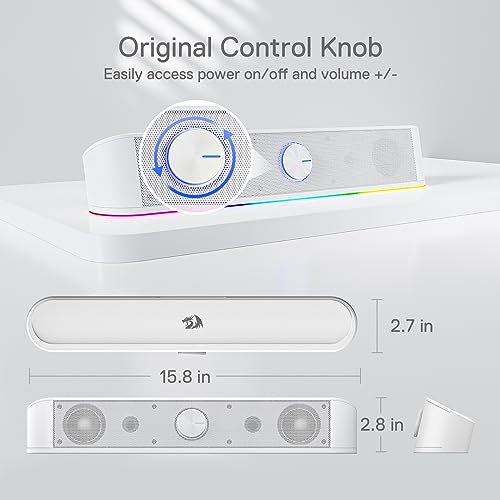 Redragon GS560 RGB Desktop Soundbar, 2.0 Channel Computer Speaker with Dynamic Lighting Bar Audio-Light Sync/Display, Touch-Control Backlit with Volume Knob, USB Powered w/ 3.5mm Cable, White - color: White