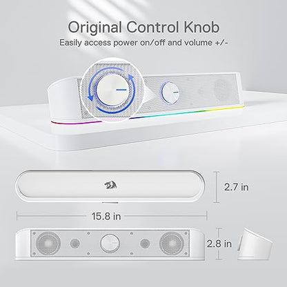 Redragon GS560 RGB Desktop Soundbar, 2.0 Channel Computer Speaker with Dynamic Lighting Bar Audio-Light Sync/Display, Touch-Control Backlit with Volume Knob, USB Powered w/ 3.5mm Cable, White - color: White