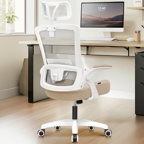NEO CHAIR Office Desk Chair Gaming Computer High Back Support Mesh Comfy Seat with Adjustable Ergonomic Headrest Lumbar Rolling Flip-up Armrests and Wheels (Beige) - color: Beige
