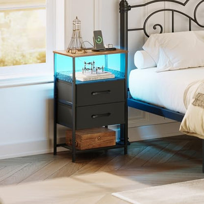 JARHETUN Nightstand Set of 2 with Charging Station, Night Stands with LED Lights, 26.4 Inch Tall Bedside Table with Metal Shelf, Side Table with 2 Fabirc Drawers for Bedroom, Rustic Brown - color: Rustic Brown, style: LED & Power