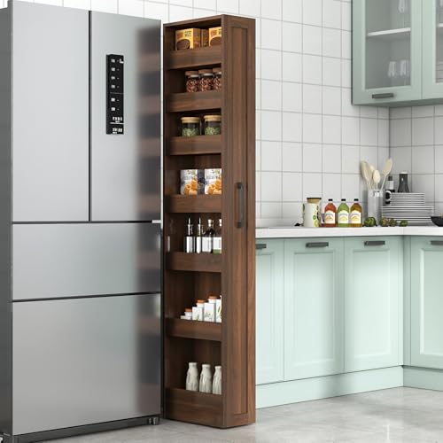 70'' Tall Narrow Storage Cabinet with Handle, 7 Tier Pull-Out Kitchen Pantry Cart, Rolling Slim Freestanding Organizers Shelf Spice Rack for Small Spaces (Walnut) - color: Walnut, size: 7 Tier