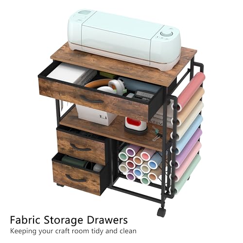 VENNQD Storage Cart Compatible with Cricut Machines Stand Cutting Machine Stand with Drawers and Vinyl Roll Holder Rolling Craft Cabinet Table for Cricut Craft Workstation (Rustic Brown) - color: Rustic Brown