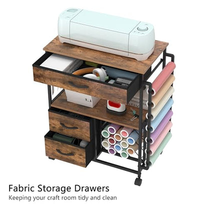 VENNQD Storage Cart Compatible with Cricut Machines Stand Cutting Machine Stand with Drawers and Vinyl Roll Holder Rolling Craft Cabinet Table for Cricut Craft Workstation (Rustic Brown) - color: Rustic Brown